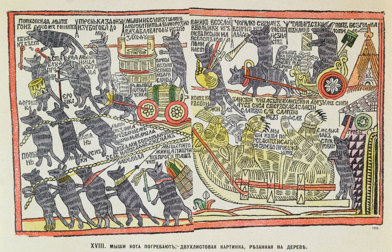 Procesión fúnebre de ratones para un gato muerto, caricatura sobre el entierro de Pedro el Grande, 1860 de Russian School