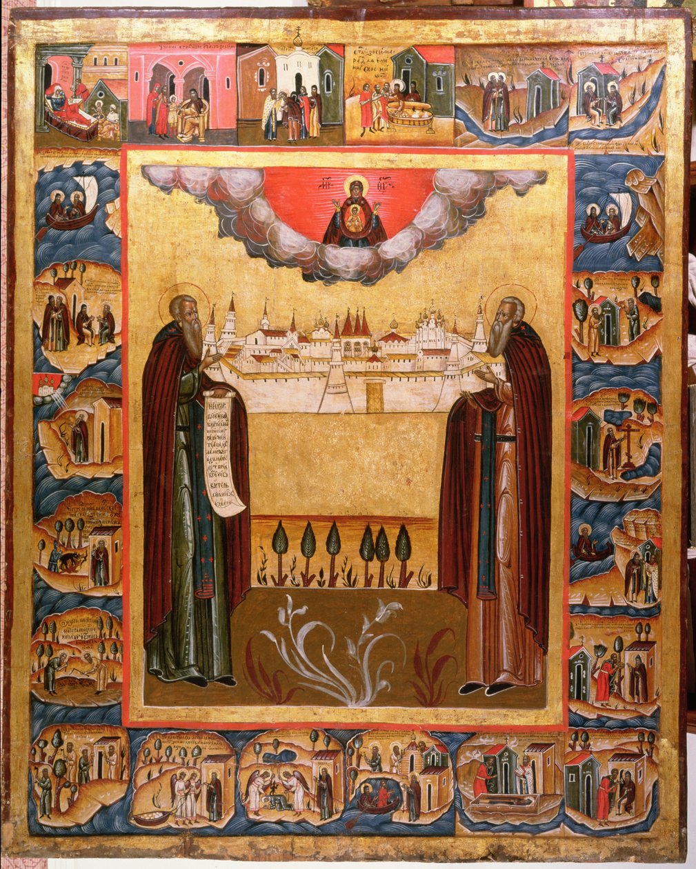Santos Zósimo y Sabateo de Solovetsk con escenas de sus vidas, siglo XVIII de Russian School