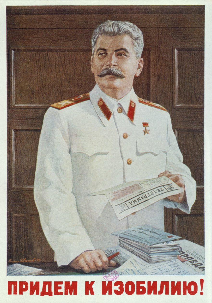 Póster Soviético de Stalin Leyendo un Telegrama de Russian School