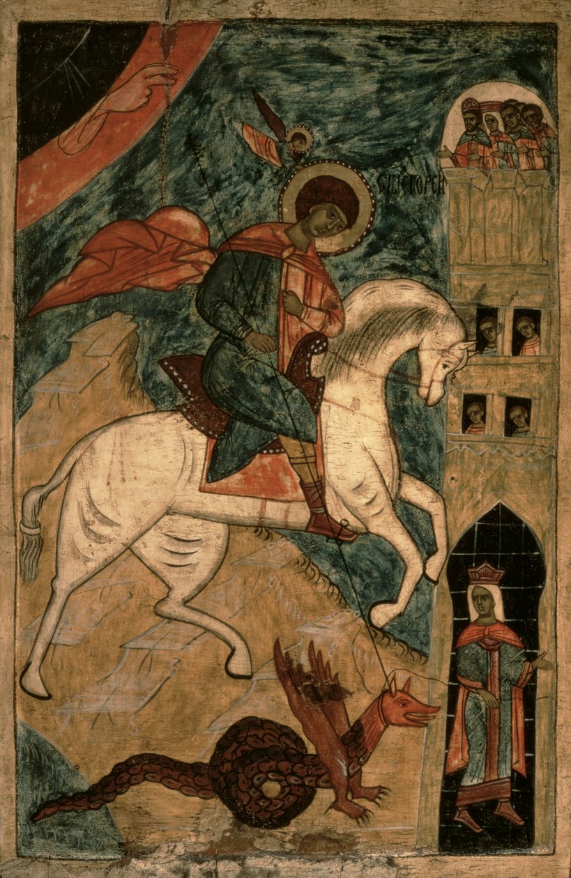 San Jorge y el Dragón, icono ruso de Vologda, siglo XV de Russian School