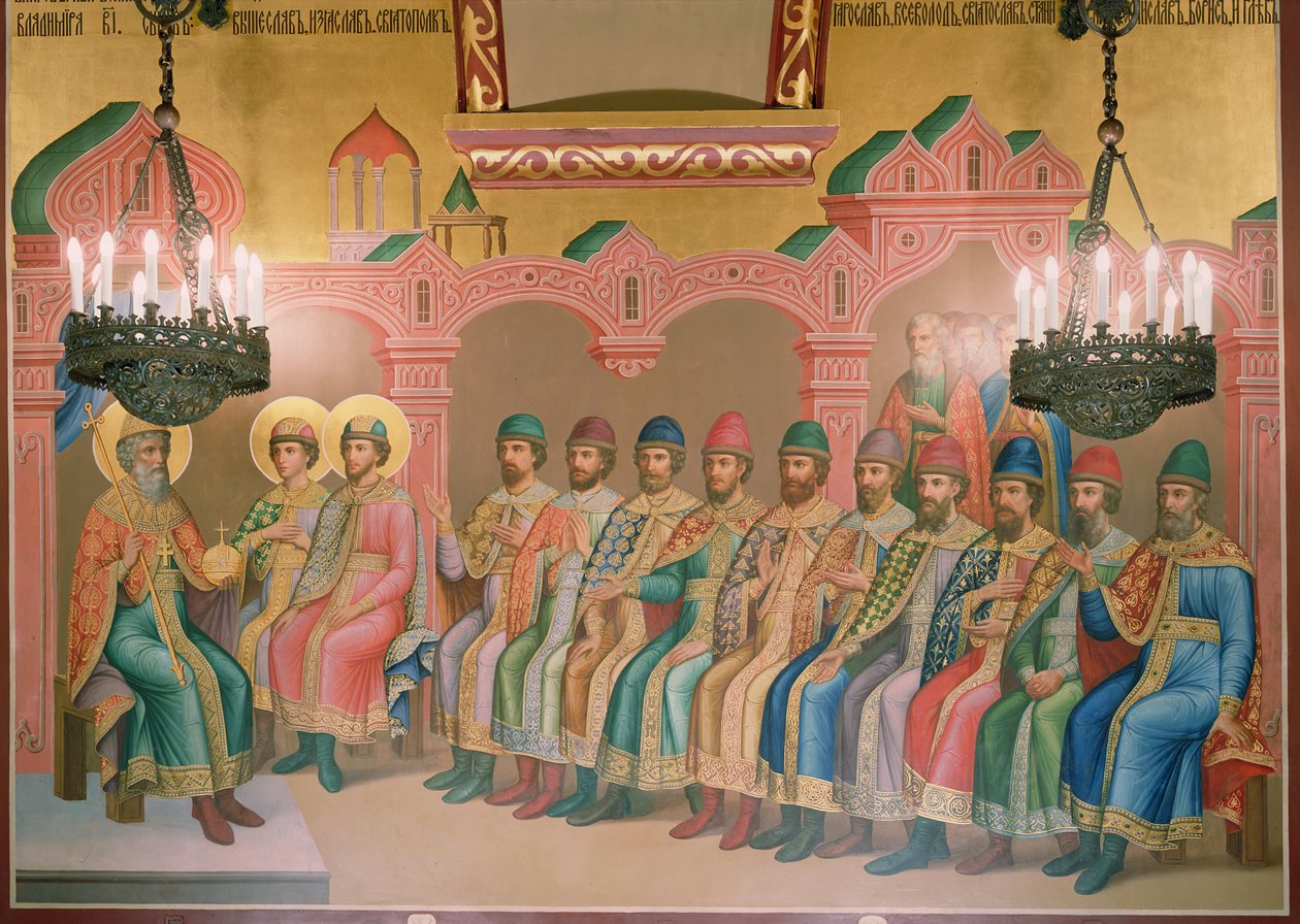San Vladimiro, Gran Duque de Kiev y sus hijos, mural de los maestros de Palekh en la Cámara Facetada, 1882 de Russian School