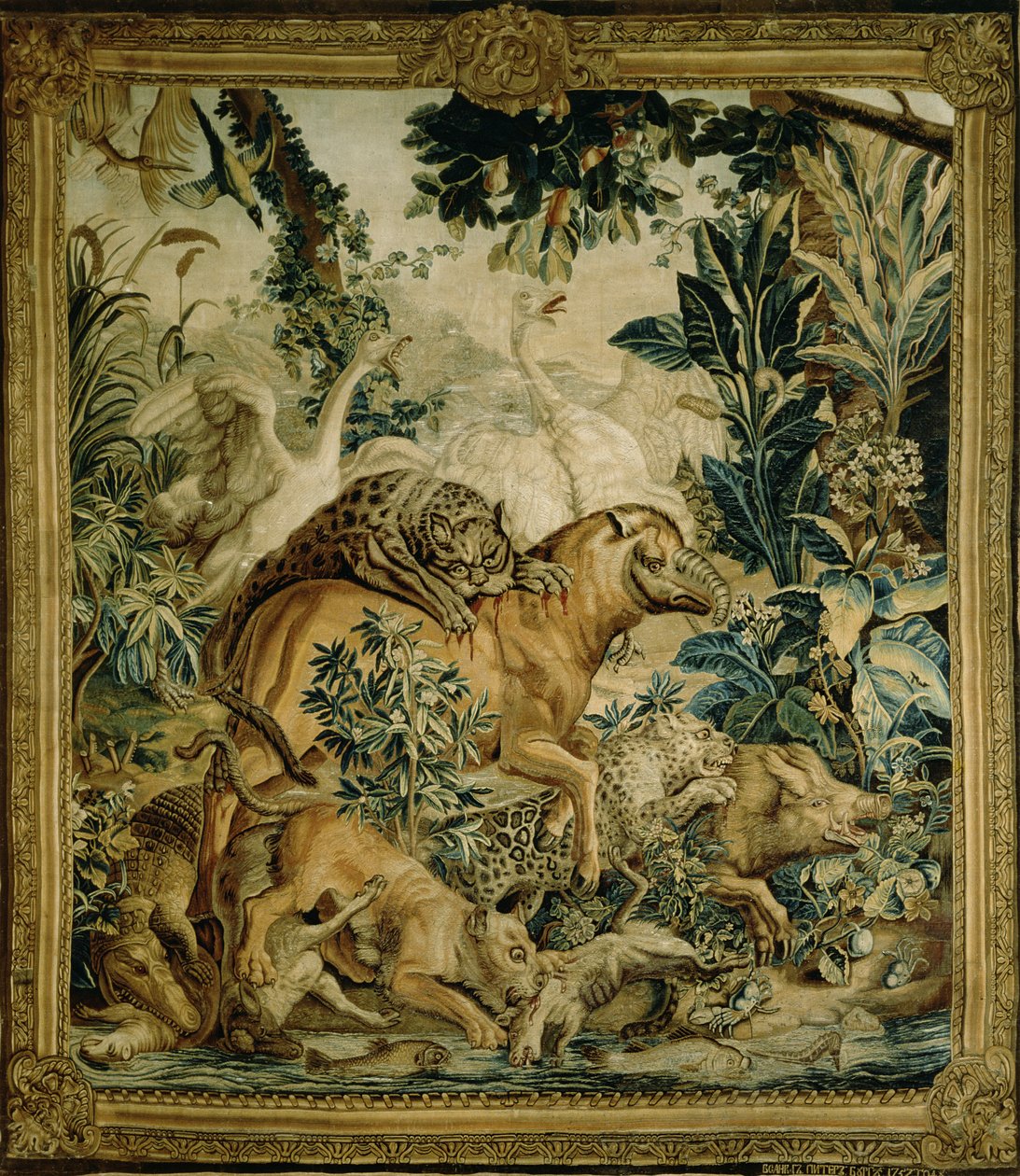 Tapiz que representa bestias salvajes luchando en un abrevadero, copia de la serie de alfombras indias diseñada por D. Deport, 1757 y hecha por la Fábrica de Tapices de San Petersburgo de Russian School