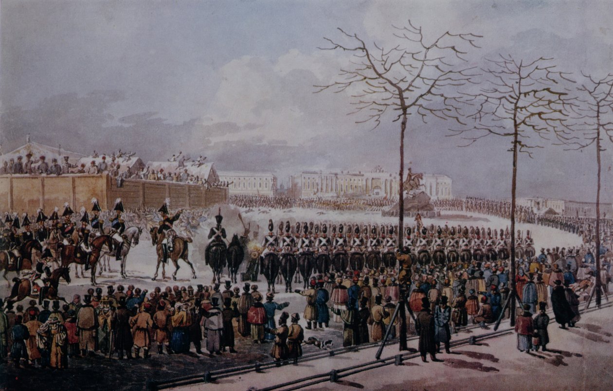 La insurrección de los decembristas en la Plaza del Senado, San Petersburgo el 14 de diciembre de 1825 de Russian School