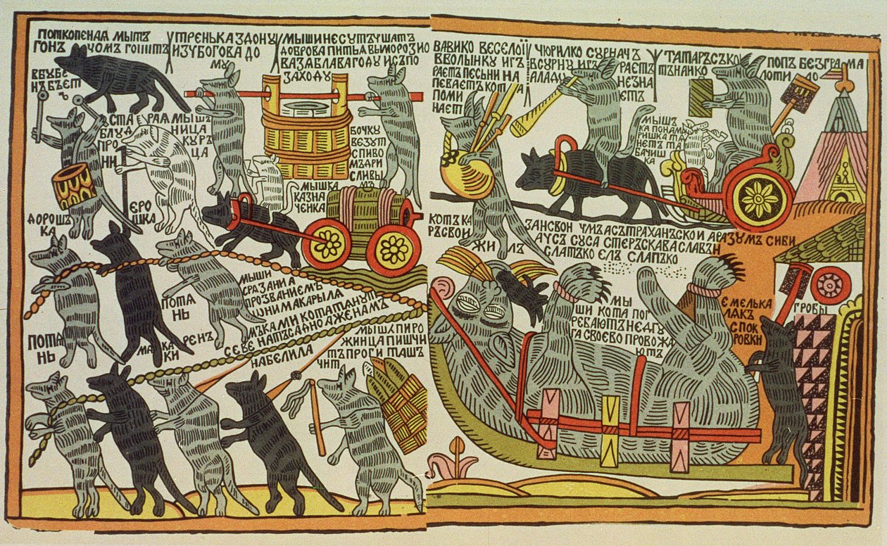 Los ratones entierran al gato, ruso, finales del siglo XVIII de Russian School