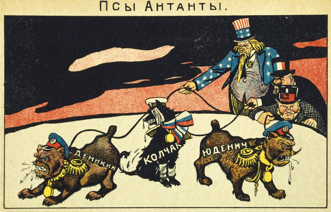 Los capitalistas sueltan a sus perros, manifiesto de propaganda bolchevique, Revolución Rusa, Rusia, siglo XX (aguafuerte) de Russian School