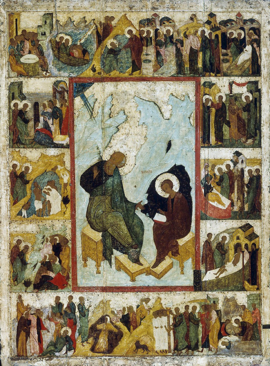 San Juan Evangelista en Patmos con escenas de su vida, principios del siglo XVI de Russian icon.
