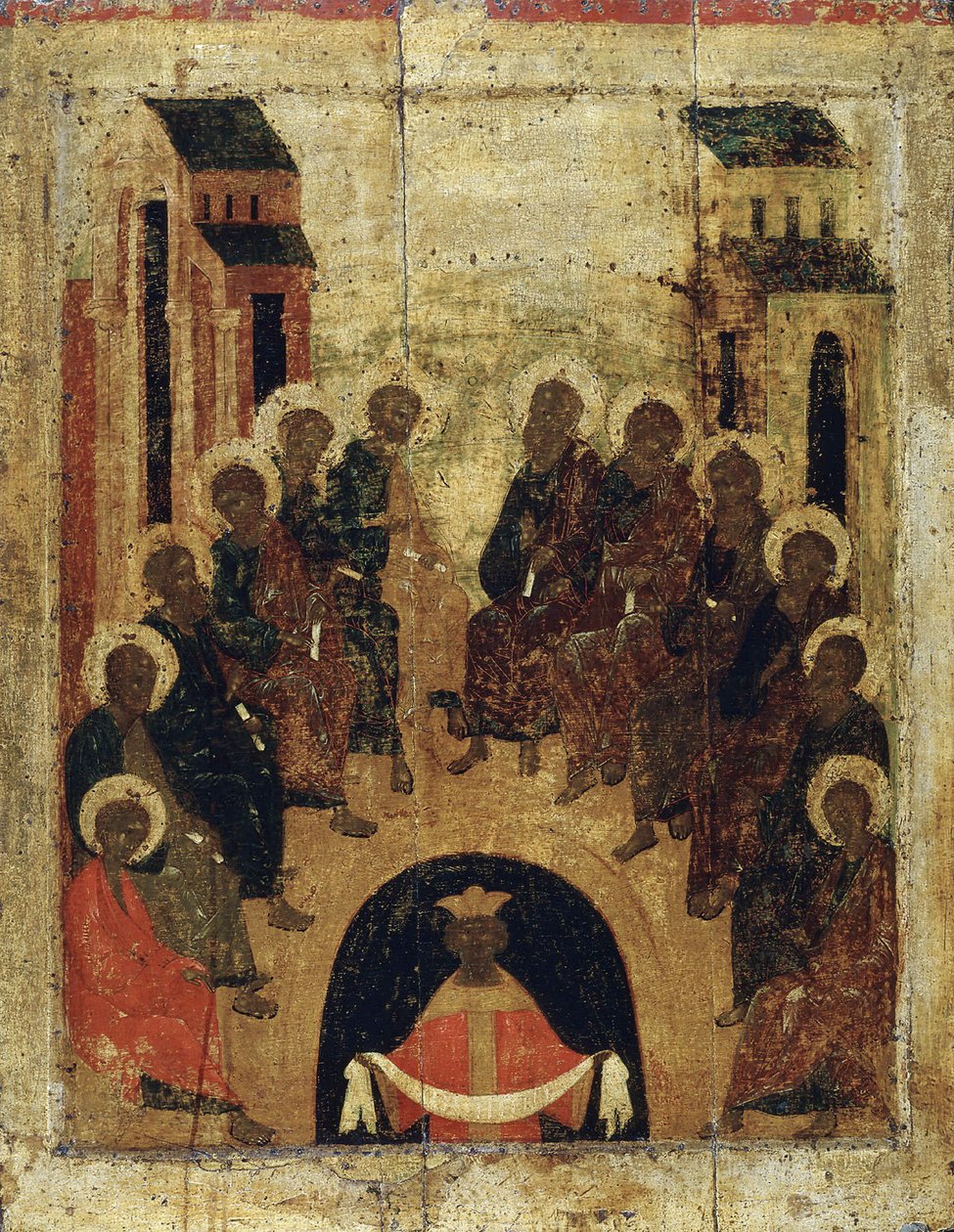 El descenso del Espíritu Santo sobre los apóstoles, c. 1410 de Russian icon.