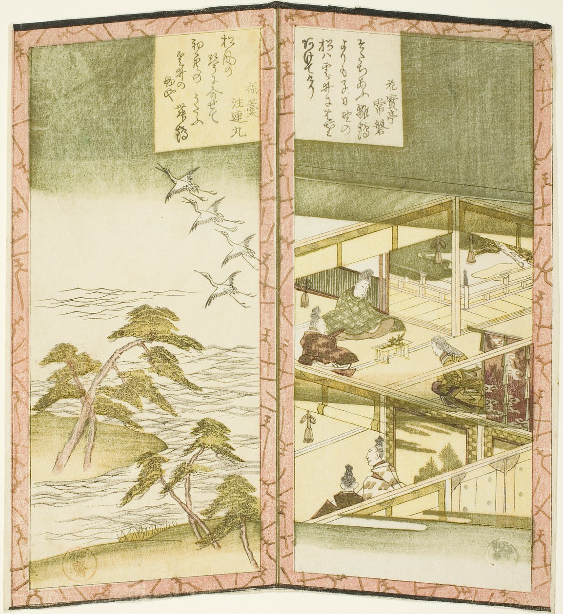 Interior del palacio y playa, de un hexaptych sin título que representa un par de biombos de Ryuryukyo Shinsai