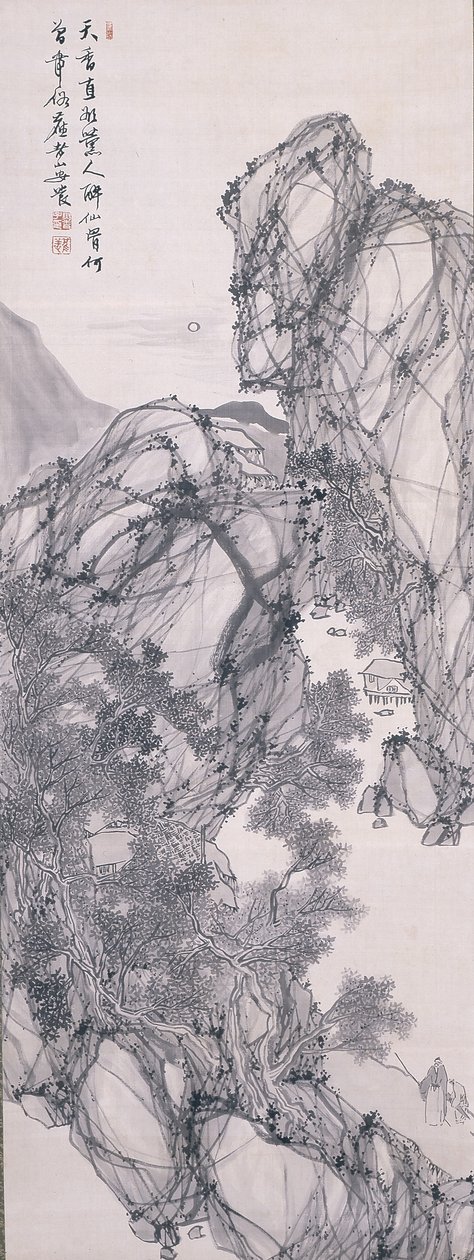 Paisaje a la luz de la luna con erudito y sirviente (tinta sobre seda) de Rôzan Yasuda