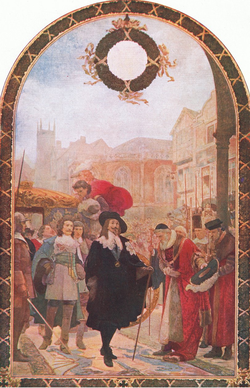Carlos I exigiendo a los cinco miembros en el Guildhall 1641, ilustración de La Historia del Pueblo Británico publicada por Waverley, c.1940 de S. J. Soloman