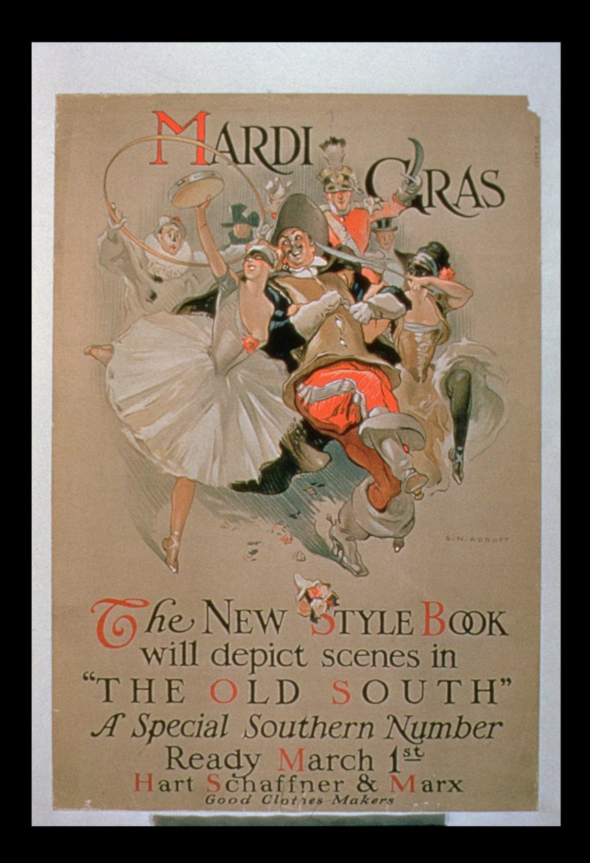 Mardi Gras", anuncio de "The New Style Book", número especial del Sur con escenas del "Viejo Sur" (litografía en color) de S.N. Abbott