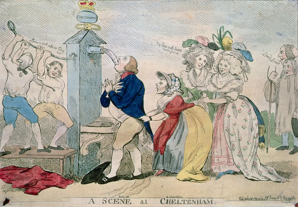 Una escena en Cheltenham. Caricatura satírica, pub. 1788 de S.W. Fores