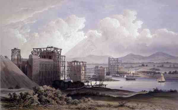 Puente tubular de Britannia sobre el estrecho de Menai, tomado durante la construcción en 1848 de S. (after) Russell