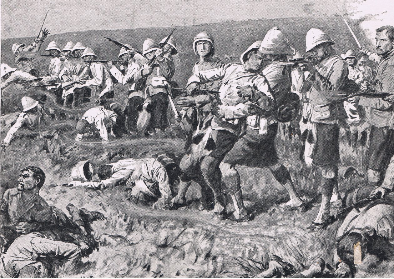 Majuba Hill, 27 de febrero de 1881 (Primera Guerra Bóer), ilustración de British Battles on Land and Sea, 1915 de S. Begg