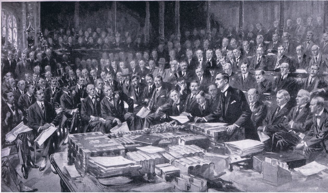 Uno de los eventos más importantes en la historia del Parlamento 3 de agosto de 1914, de la Historia de los británicos de Cassell publicada por la Waverley Book Company Limited, c.1940 de S. Begg