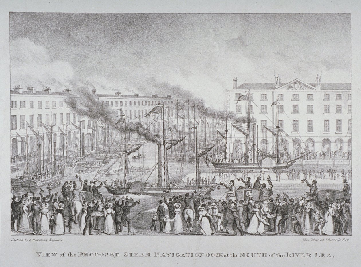 Vista del muelle de navegación a vapor propuesto en la desembocadura del río Lea, c.1835 de S. Hemming