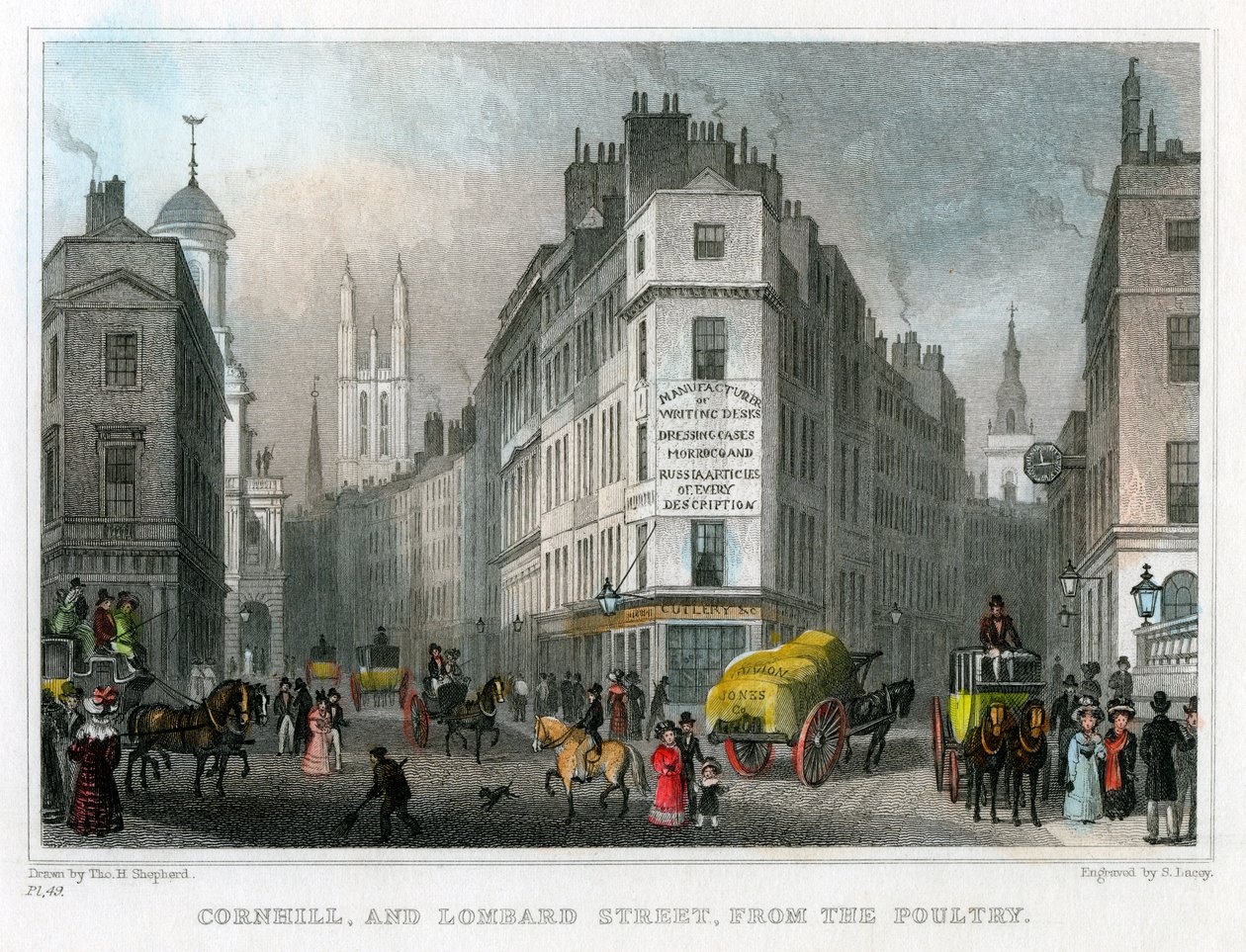 Cornhill y Lombard Street desde Poultry, Ciudad de Londres, 1830 de S. Lacey