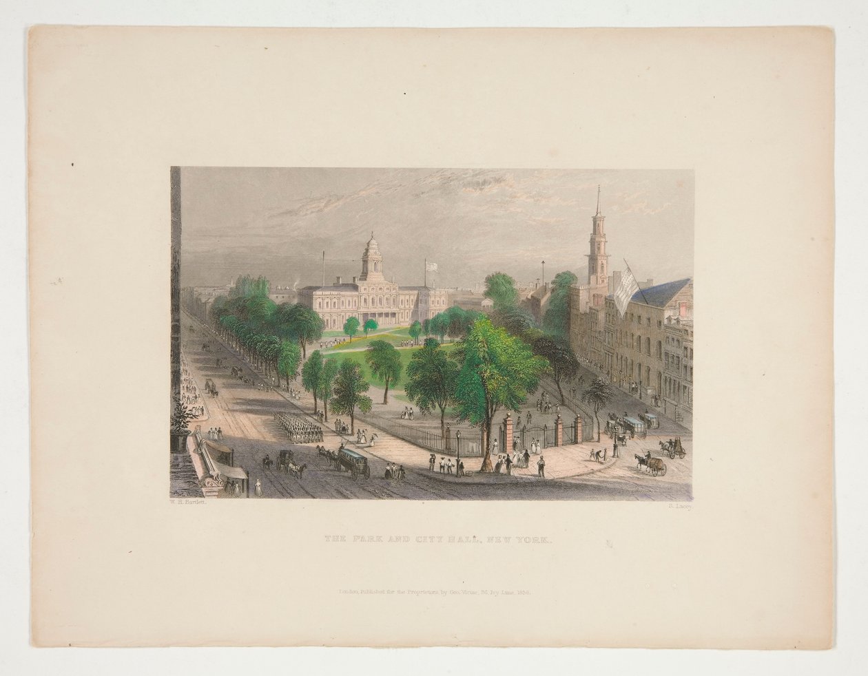 The Park and City Hall, Nueva York, ilustración para Nathaniel Parker Willis de S. Lacey