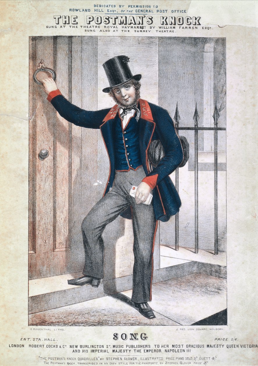 El golpe del cartero, portada de una hoja de canción, por Stephen Glover de S. Rosenthal