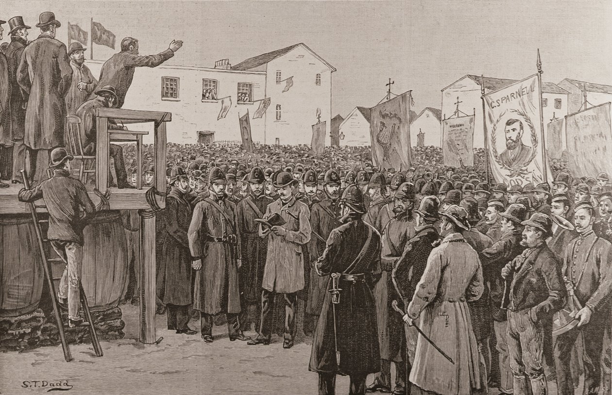 Policía vigilando a un reportero del Gobierno en una reunión sobre el plan de campaña, de "The Illustrated London News", 8 de enero de 1887 (grabado). de S. T. Dadd