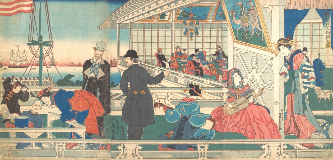 Hogar de comerciantes extranjeros en Yokohama, 9º mes, 1861 de Sadahide Utagawa