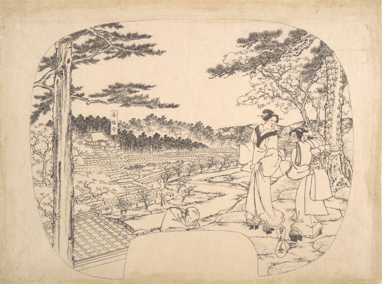 Dos mujeres admirando las vistas desde un punto de observación... el Templo Zenpukuji, siglo XIX de Sadahide Utagawa