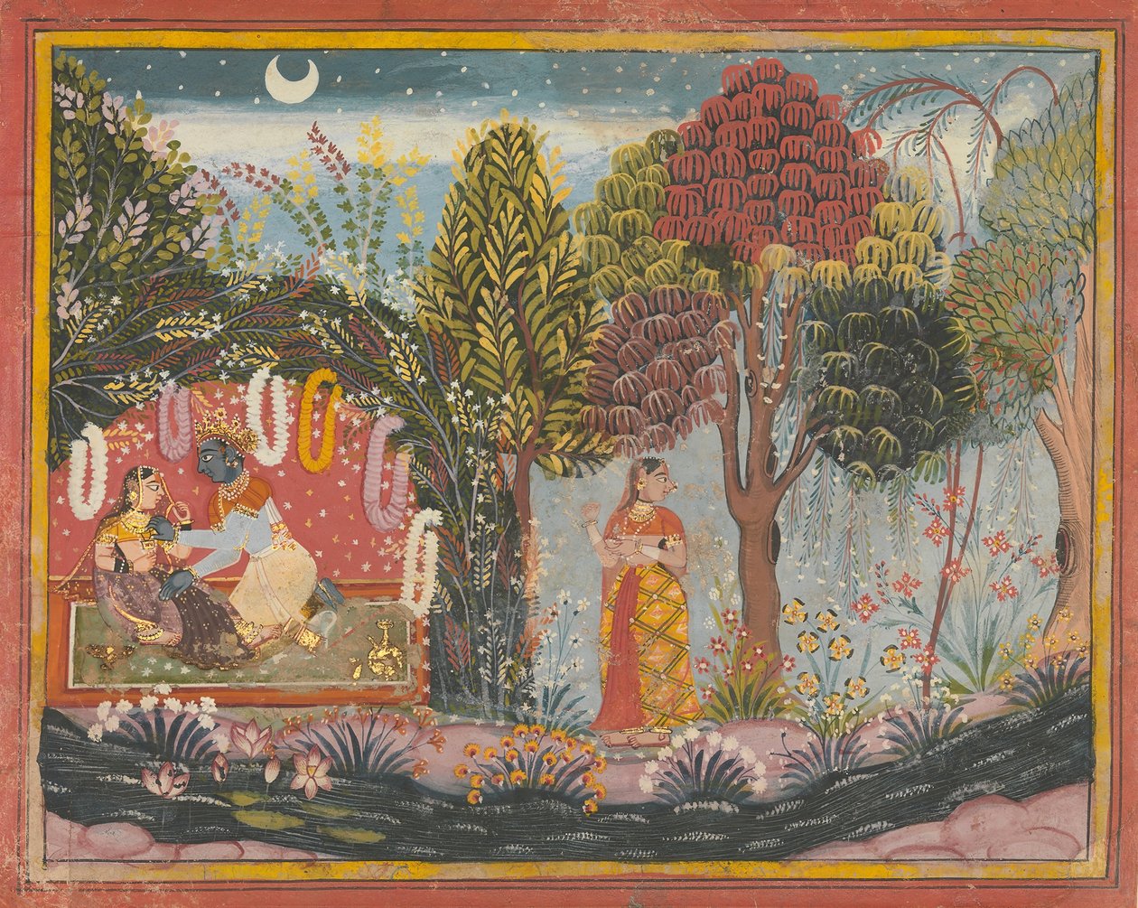 Krishna y Radha en un Cenador: Página de un Gita Govinda Disperso de Sahibdin