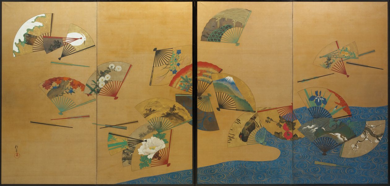 Abanicos y arroyo, Periodo Edo, c.1820-28 (tinta, color, oro y plata sobre seda) de Sakai Hoitsu