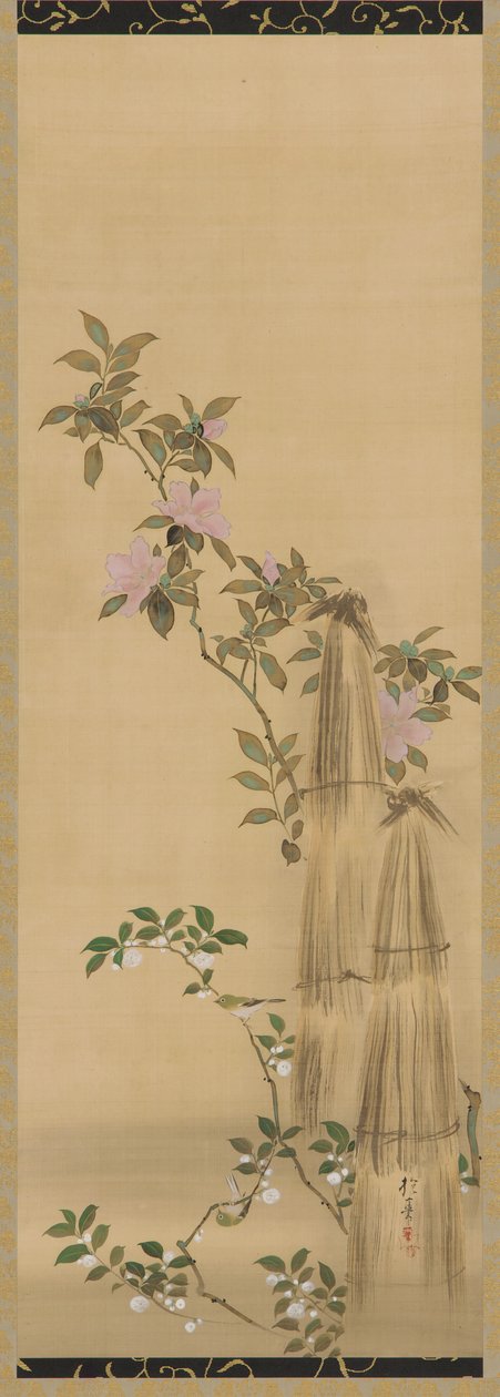 Flores rosas y blancas y cubiertas de paja, período Edo, 1761-1828 de Sakai Hoitsu