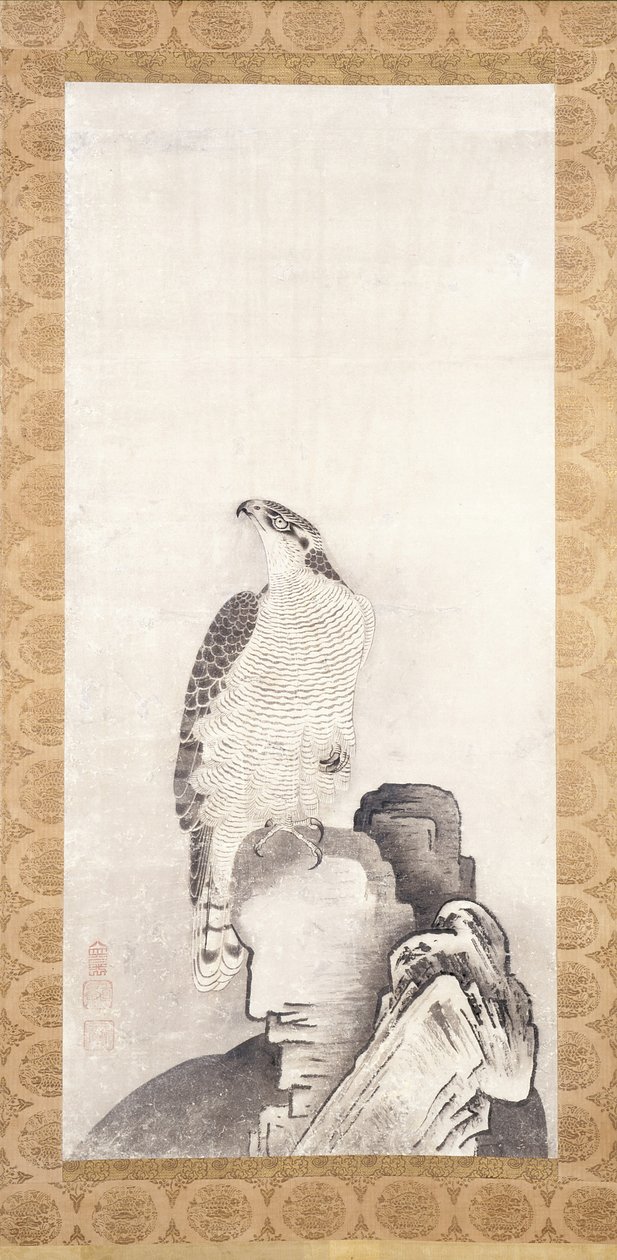 Hawk Perched On A Rock (tinta sobre papel) de Sakai Oho