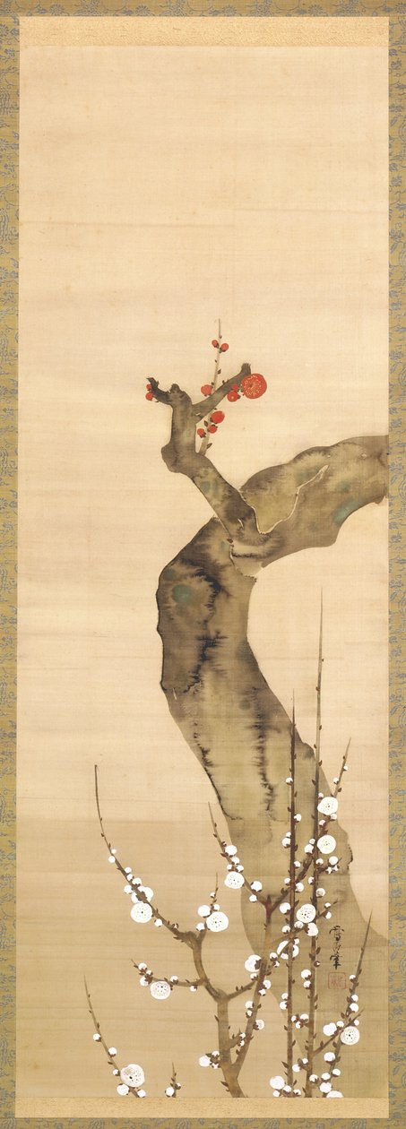 Red And White Plum Blossoms (tinta, color y oro sobre seda) de Sakai Oho
