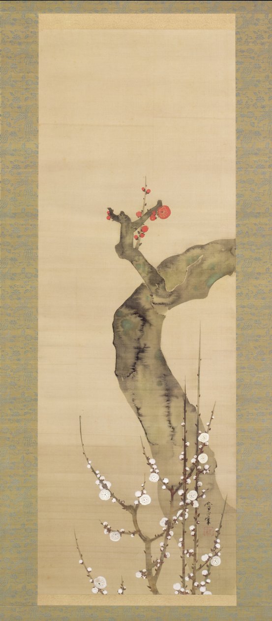 Flores de ciruelo rojas y blancas (tinta, color y oro sobre seda) de Sakai Oho