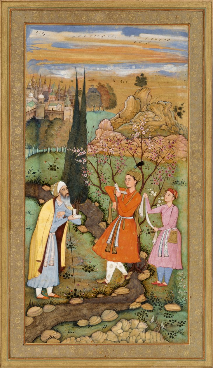 Hoja del Muraqqa Gulshan- El poeta y el príncipe (recto) Caligrafía (verso) de Salim Quli