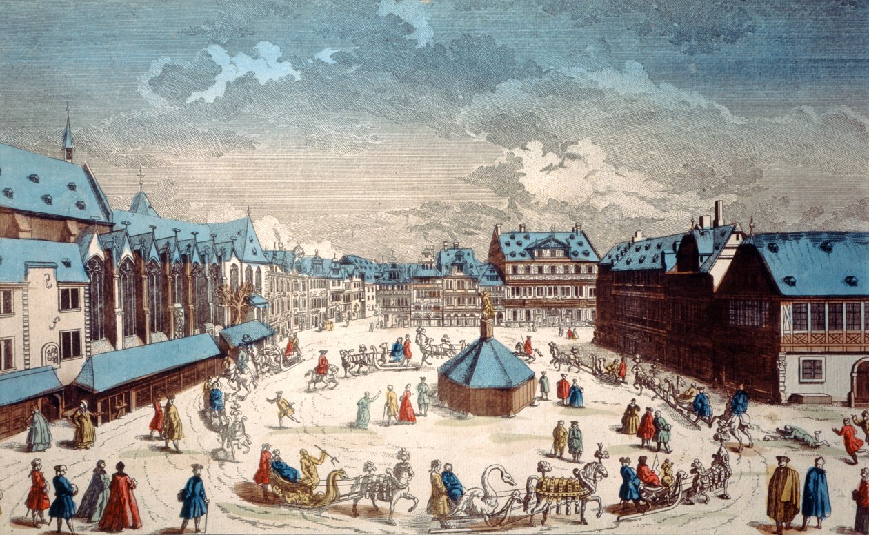 Vista de la Plaza Liebfrauenberg en invierno, Frankfurt am Main, 1738 de Salomon Kleiner