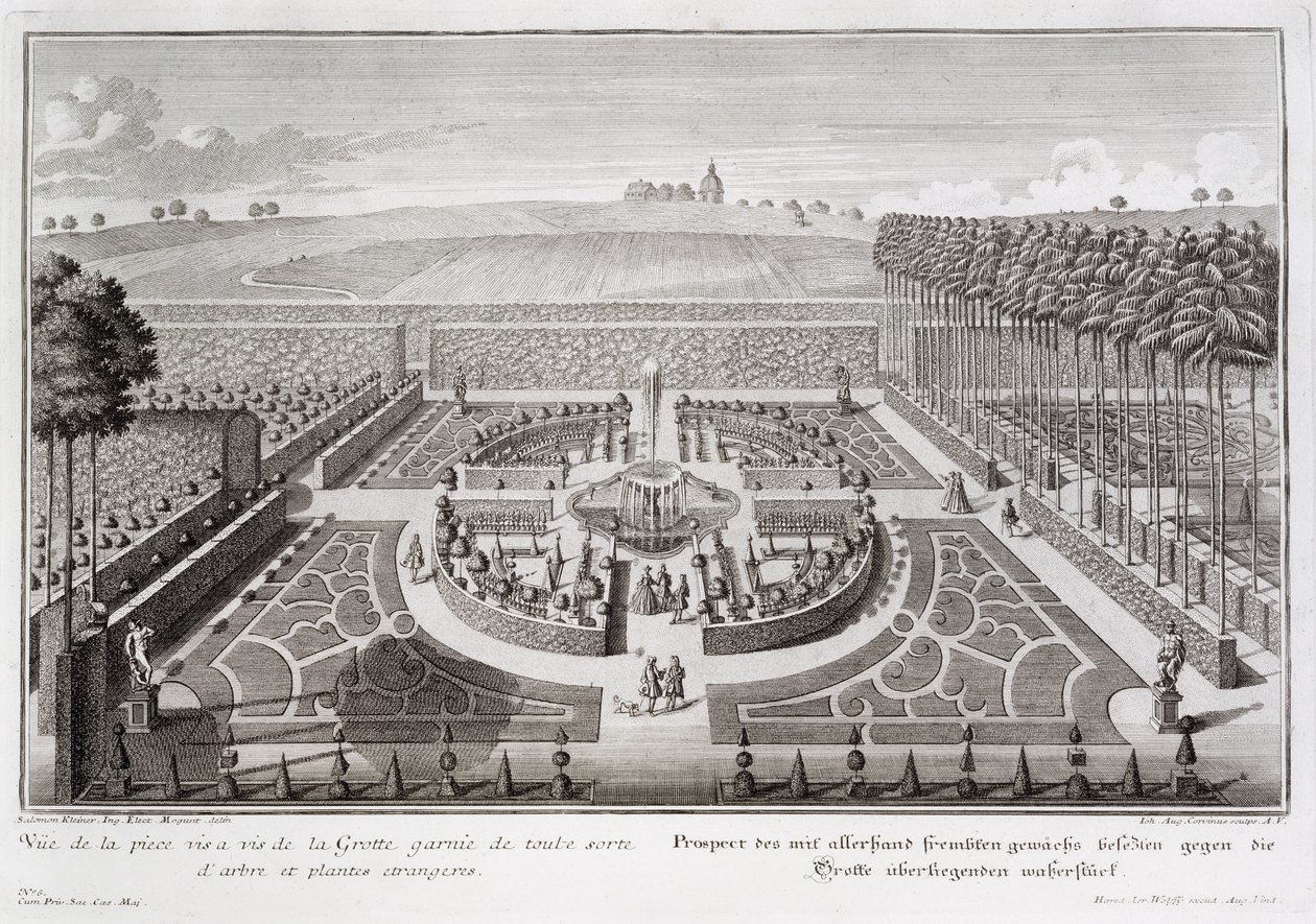 Vista del jardín de topiaria junto a la gruta, Geibach, grabado por Johann August Corvinus, publicado en 1728 de Salomon Kleiner