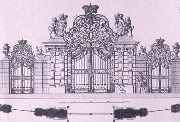 Plano y elevación de las puertas de entrada al Schloss Belvedere en Viena probablemente diseñadas por Johann George Oegg c.1725, grabado por Johann August Corvinus (1683-1738) de Salomon after Kleiner