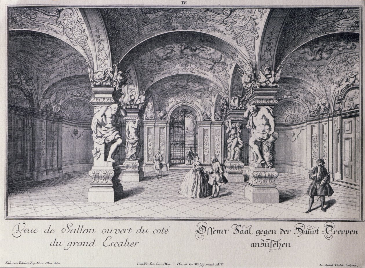 La Sala Terrena del Belvedere Superior en Viena comenzada en 1721 por Johann Lukas von Hildebrandt, grabado por Thelot de Salomon after Kleiner