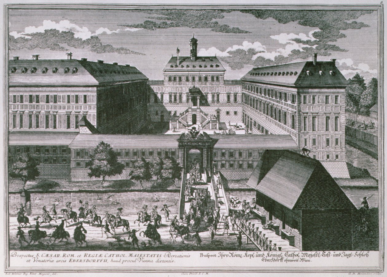 Vista del Schloss Ebersdorff cerca de Viena grabada por Georg-Daniel Heumann (1691-1759) de Salomon after Kleiner