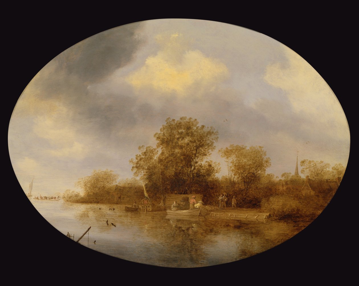 Paisaje fluvial con hombres descargando trampas para langostas de Salomon van Ruisdael or Ruysdael
