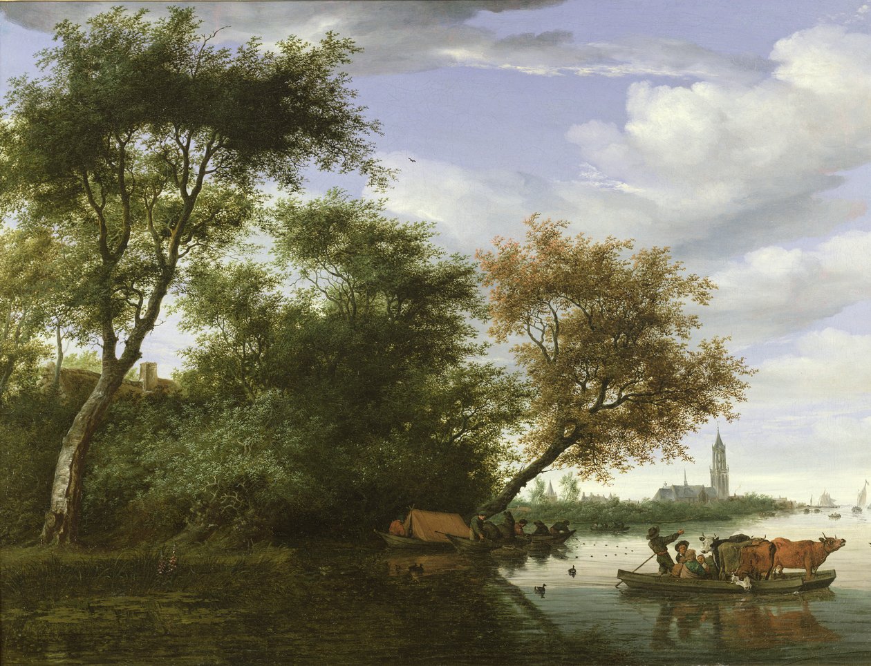 Paisaje fluvial arbolado con figuras y ganado en un ferry de Salomon van Ruisdael or Ruysdael