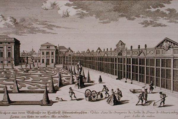 Vista de una de las Naranjeras en el jardín del Príncipe de Schwarzenberg, Viena, grabado por Georg-Daniel Heumann, publicado c.1724-37 de Salomon (after) Kleiner