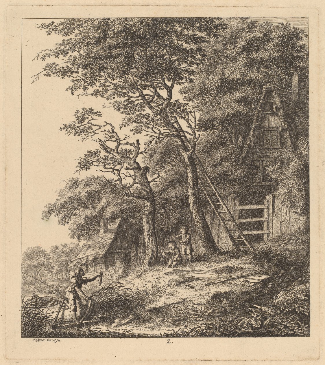 Un Pescador y Dos Niños en un Paisaje con Cabañas de Paja de Salomon Gessner