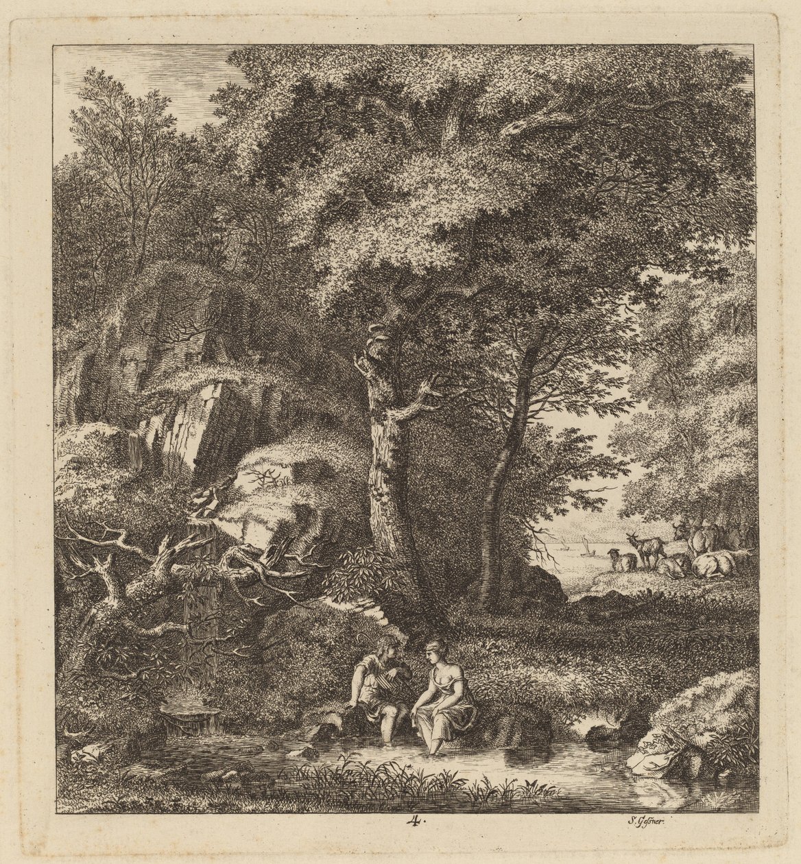 Un pastor y una joven con los pies en un arroyo, 1764 de Salomon Gessner