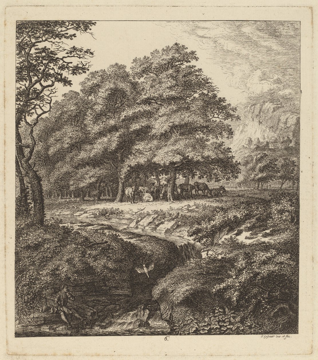 Ganado descansando en un bosque con un hombre sentado junto a un arroyo, 1764 de Salomon Gessner