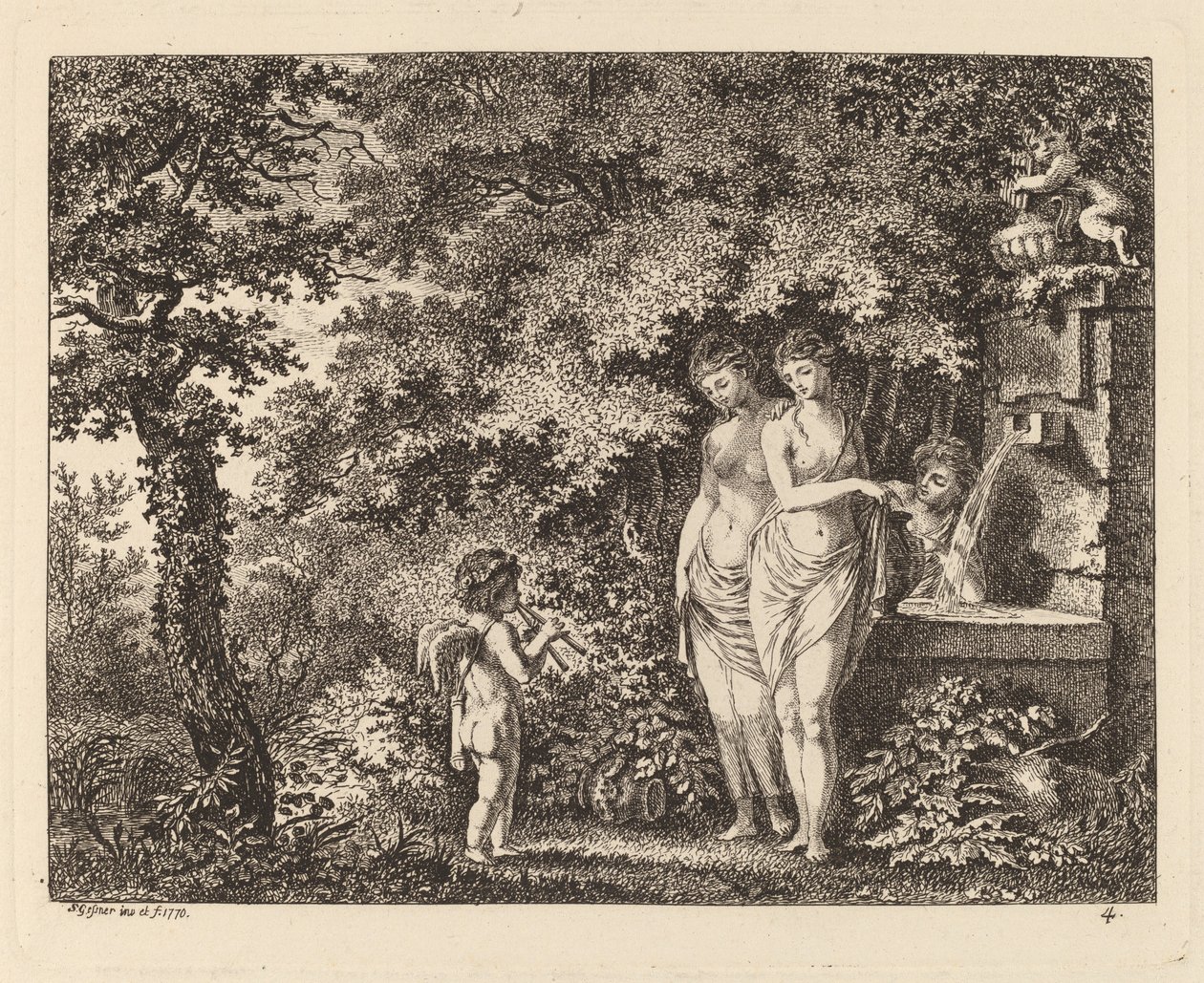 Eros con tres chicas en una fuente, 1770 de Salomon Gessner
