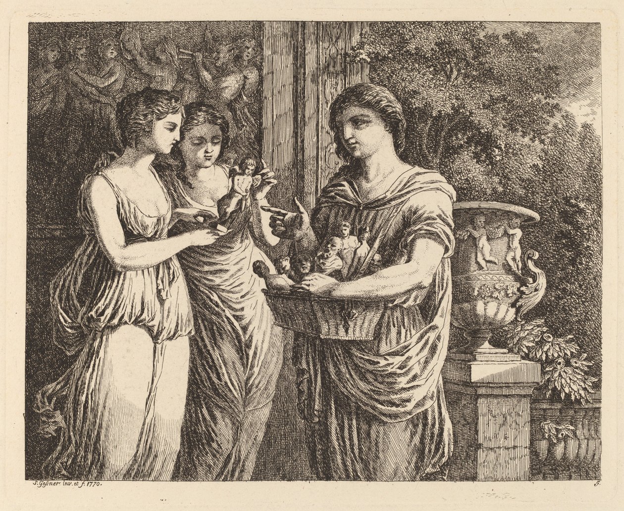 Vendedor de figurillas con dos niñas, 1770 de Salomon Gessner