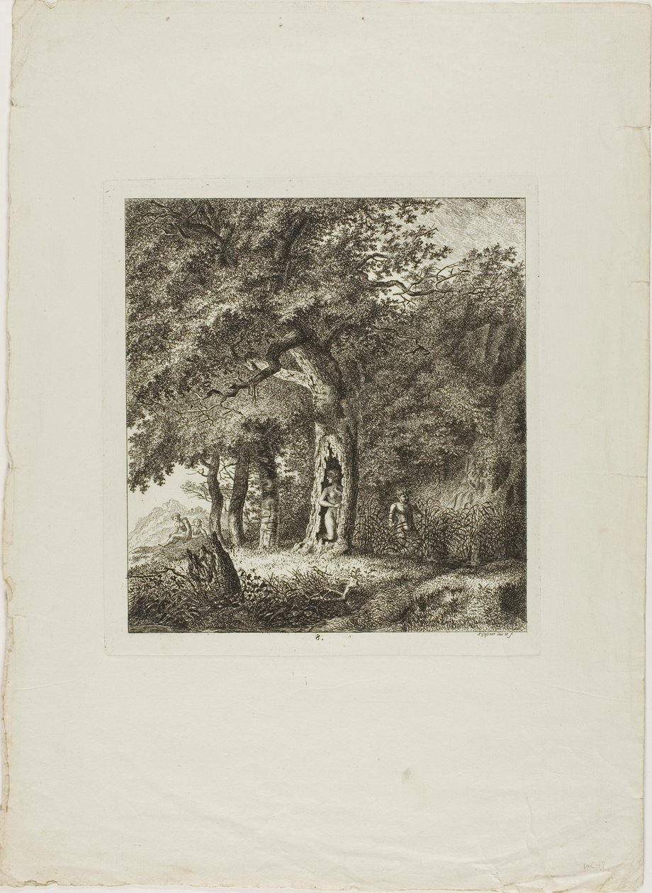 Ninfa escondida en un árbol, lámina ocho de Paysages Dédiés à M. Warelet de Salomon Gessner