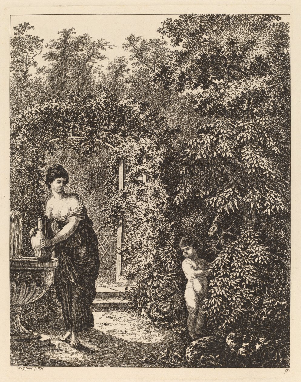 Putto Visitando a una Niña en una Fuente de Salomon Gessner