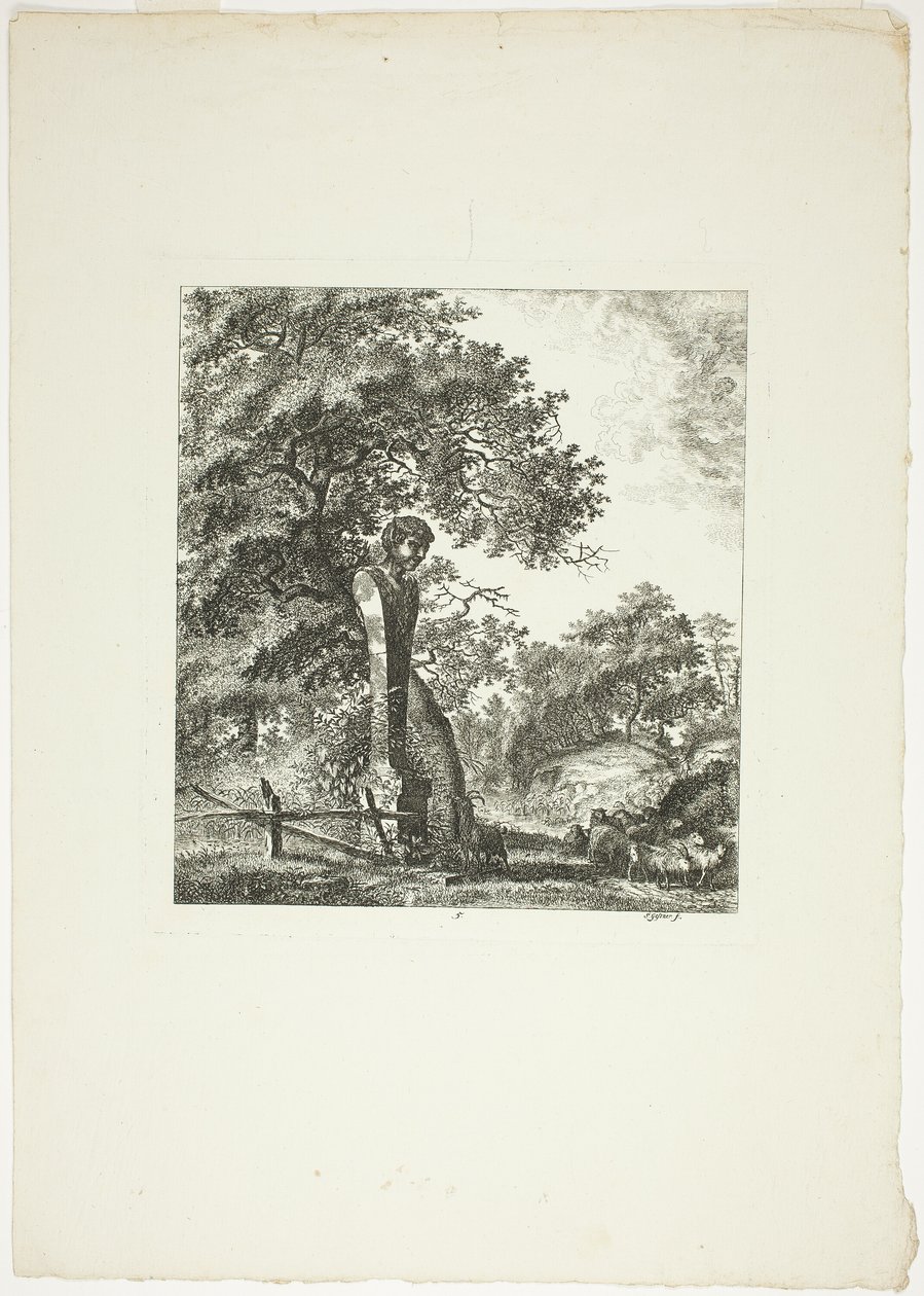 Oveja junto a una estatua de Pan, lámina cinco de Paysages Dédiés à M. Warelet de Salomon Gessner