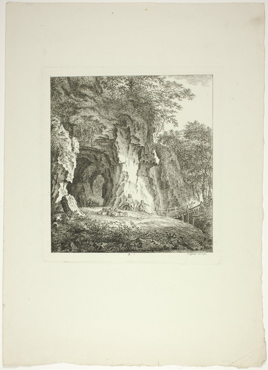Pastores y ovejas descansando bajo un puente, lámina siete de Paysages Dédiés à M. Warelet de Salomon Gessner
